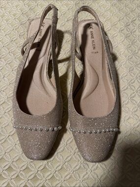Anne Klein Champagne Glitter Slingback Flats with Pearl Trim